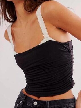 Black Ruched Tank Top with White Straps